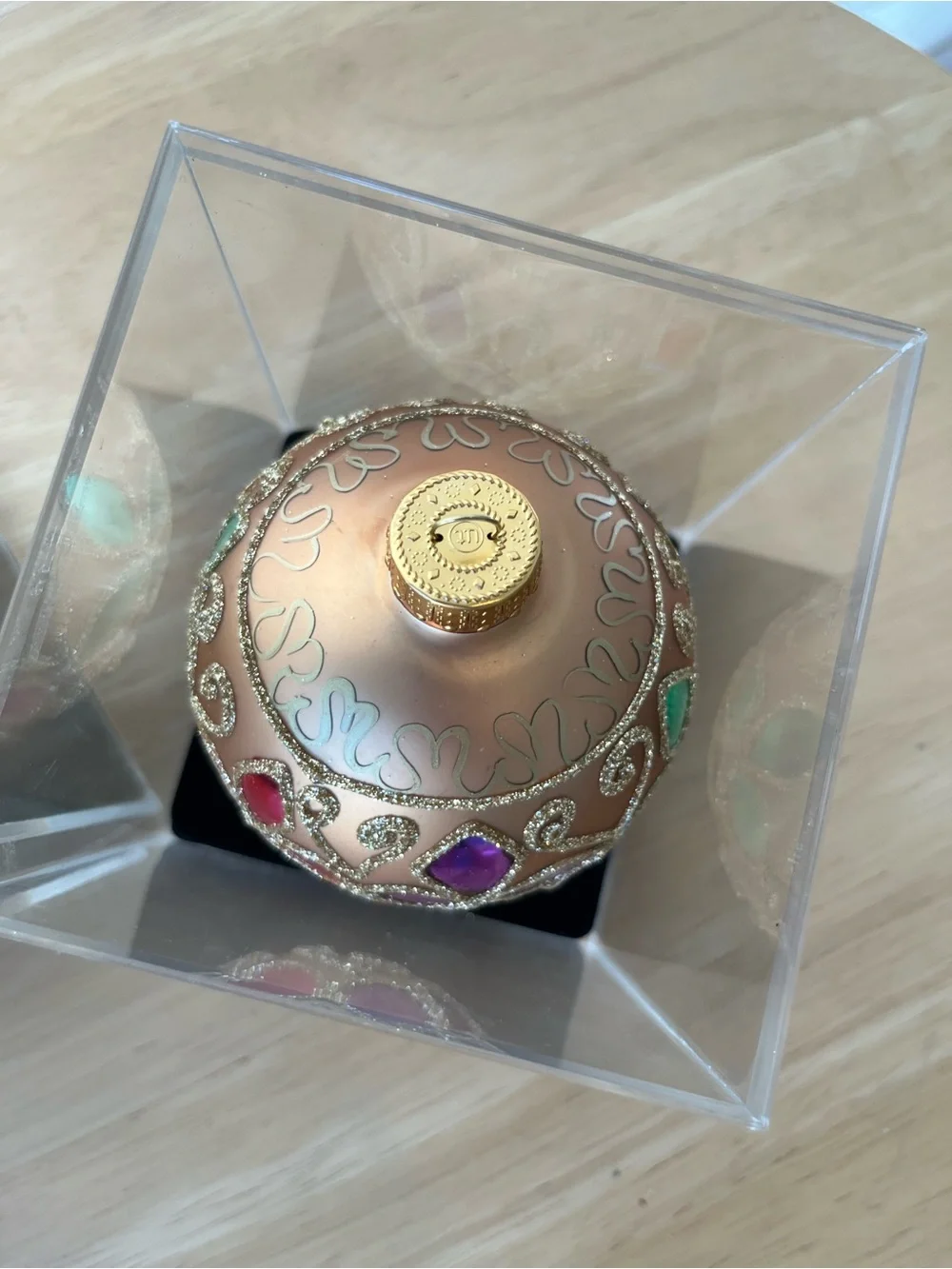 Decorative Red and Gold Glass Bowl with Embellished Ornaments